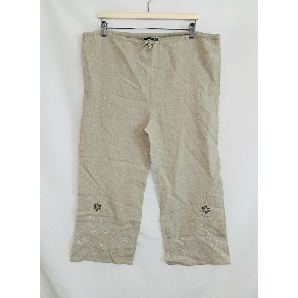 VTG Harold's Linen Beige Floral Embroidered Beaded Wide Leg Ankle Pants Women 10